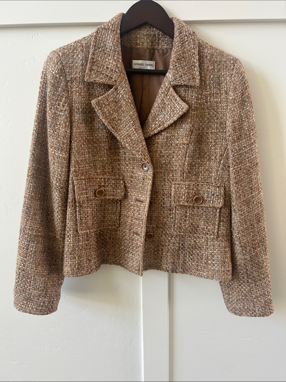 Gerard Darel Cropped Tan Tweed Blazer Italian 46 or US14